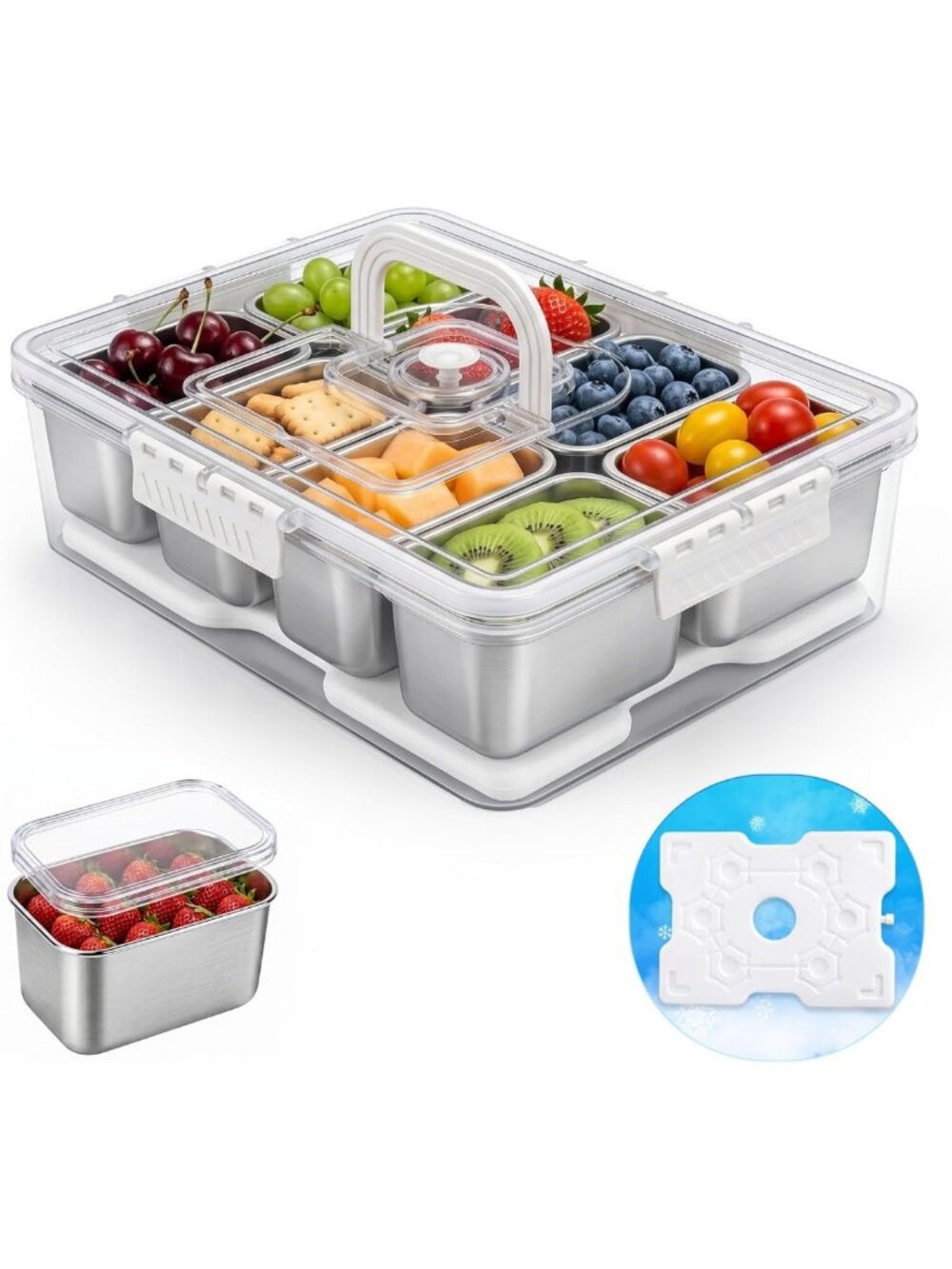 Divided Snack Container with Ice Pack - 8-Compartment Serving Tray for Parties